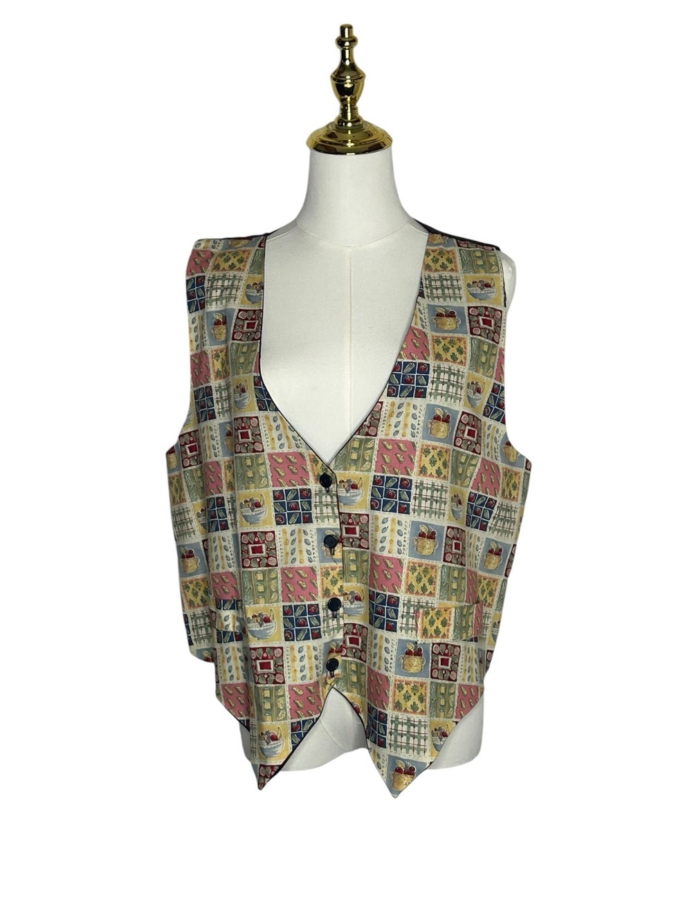 Vintage On Tour Fruit & Vegetable Patchwork V-Neck Vest Cottagecore 90s EUC Sz L